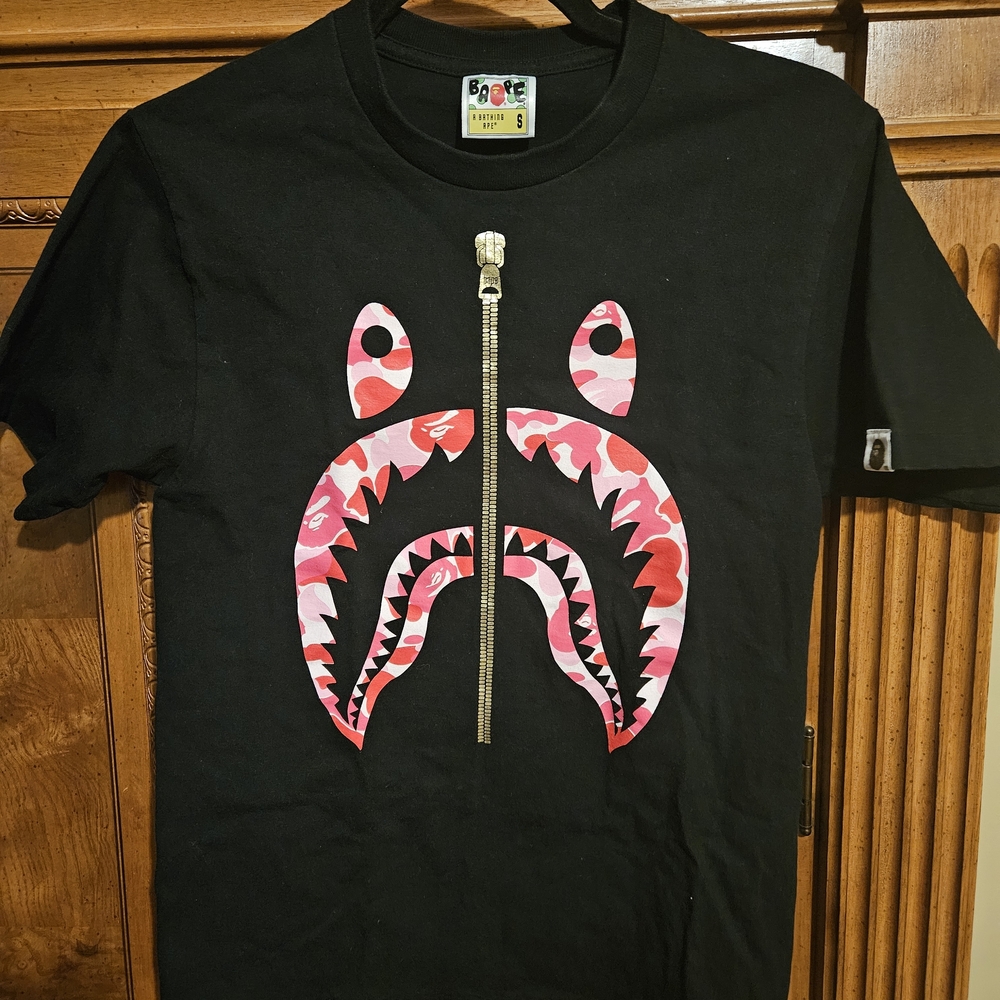 Bape Black Tee with Red/Pink Shark Design
